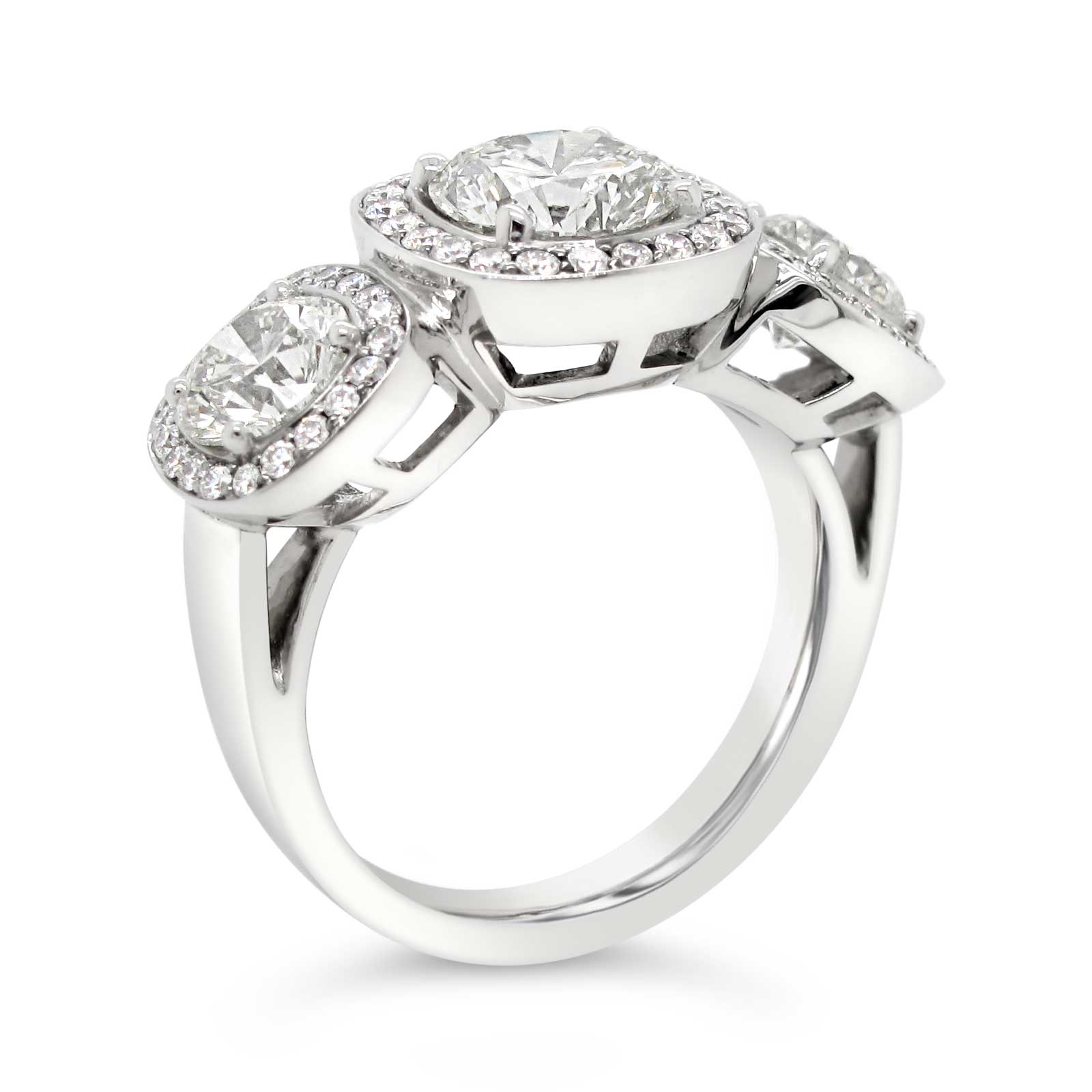 3 Stone Ring with Cushion Halos